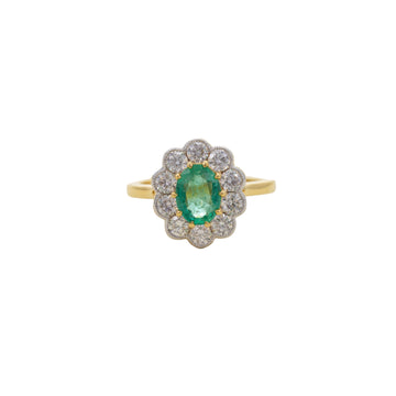 18CT YG EMERALD & DIAMOND CLUSTER RING