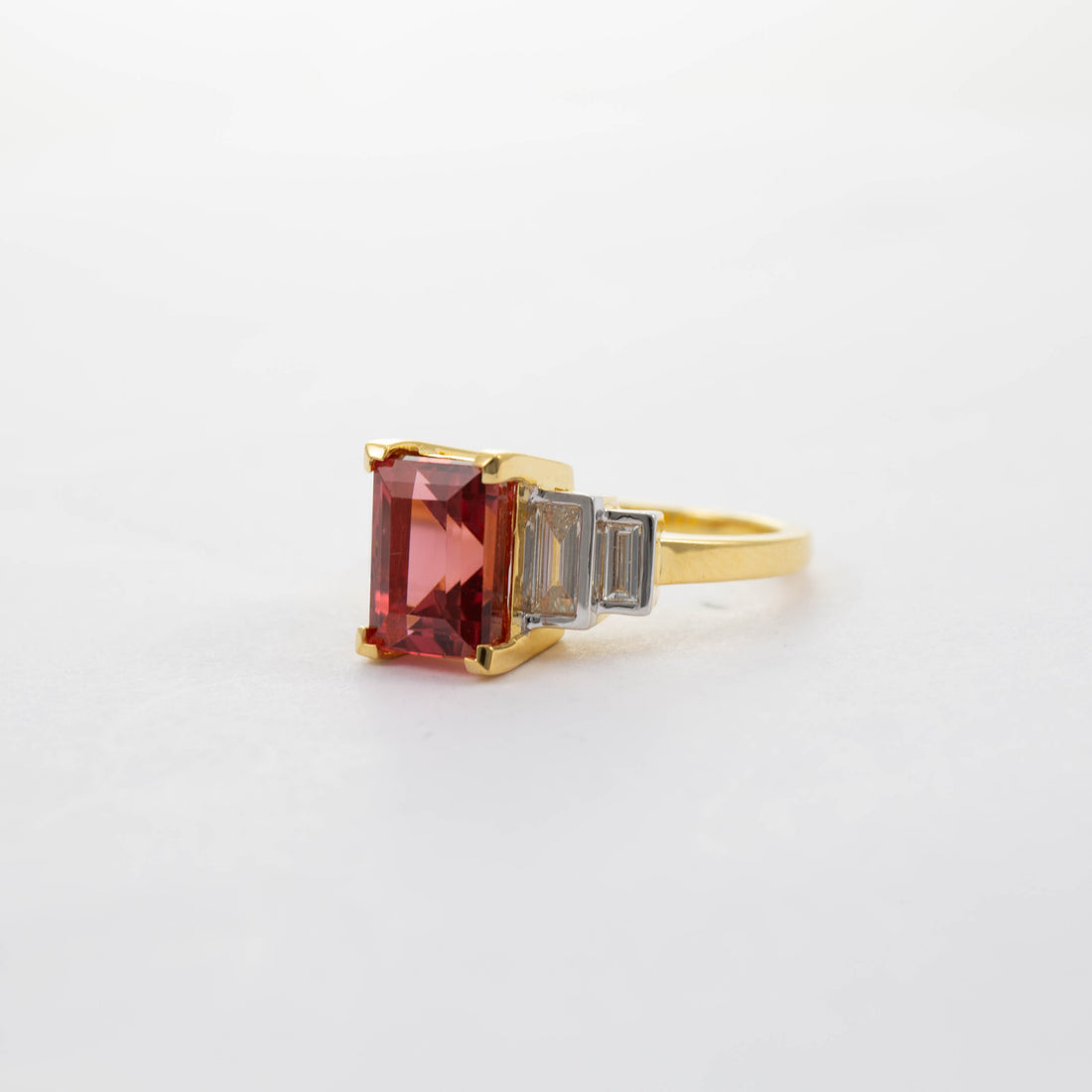 18CT YG PINK TOURMALINE & BAGUETTE DIAMOND RING