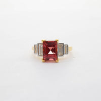 18CT YG PINK TOURMALINE & BAGUETTE DIAMOND RING