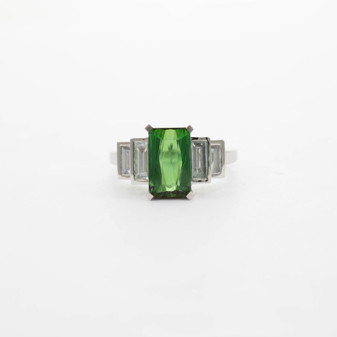 PLATINUM GREEN TOURMALINE & BAGUETTE DIAMOND RING