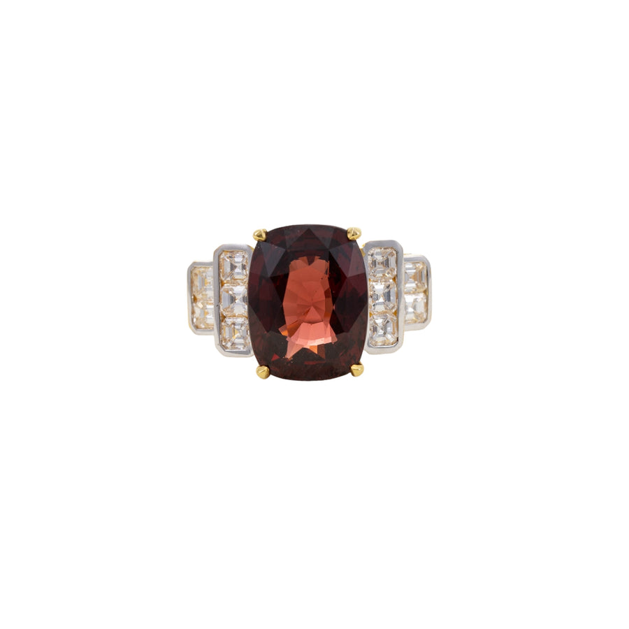 18CT YG GARNET & DIAMOND RING