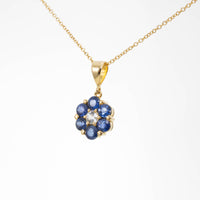 18CT YG SAPPHIRE & DIA DAISY CLUSTER PENDANT