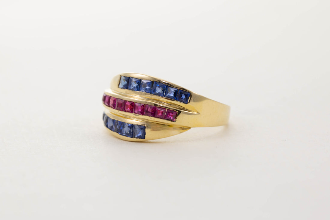 18CT YG SAPPHIRE & RUBY TRIPLE TWIST BAND