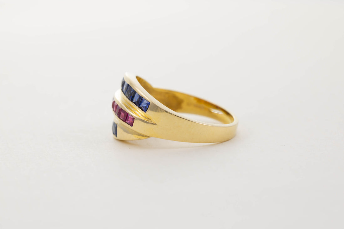 18CT YG SAPPHIRE & RUBY TRIPLE TWIST BAND