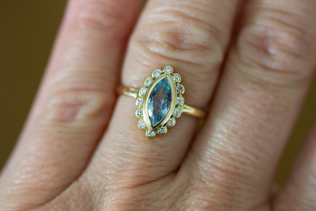 18CT YG MARQUISE AQUA & DIAMOND CLUSTER