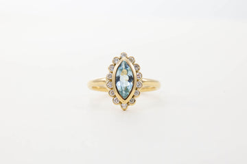 18CT YG MARQUISE AQUA & DIAMOND CLUSTER