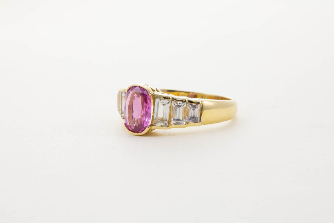 18CT YG PINK AND WHITE SAPPHIRE RING