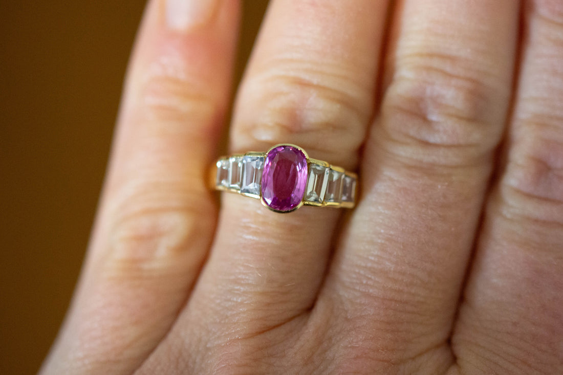 18CT YG PINK AND WHITE SAPPHIRE RING