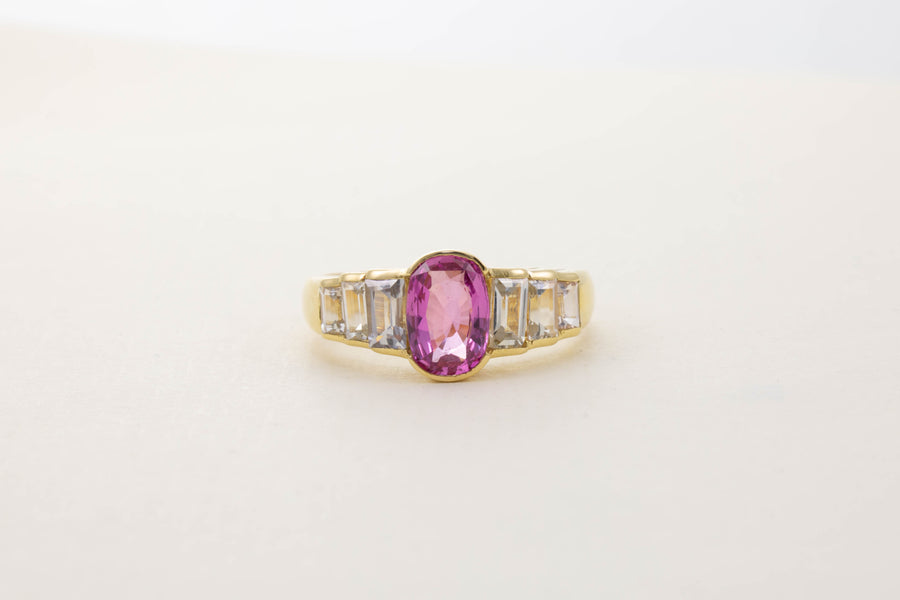 18CT YG PINK AND WHITE SAPPHIRE RING