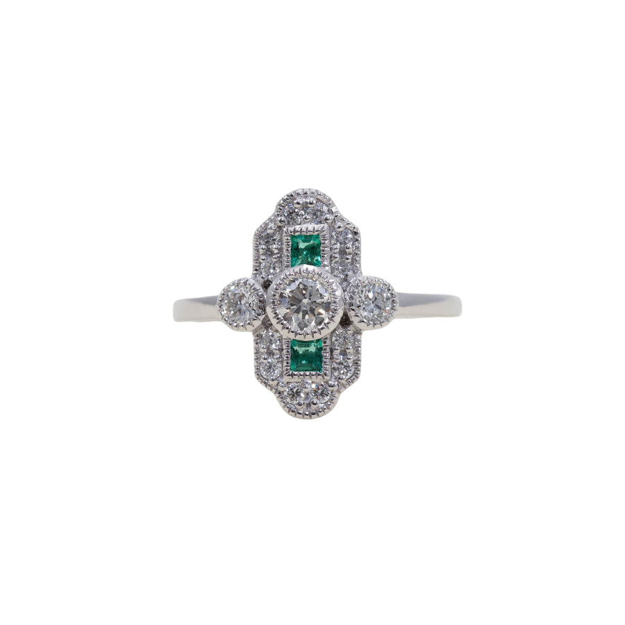 PLATINUM DECO STYLE EMERALD & DIAMOND CLUSTER RING