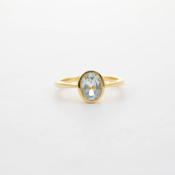 9CT YG MEDIUM OVAL AQUA SOLITAIRE RING 0.96CT