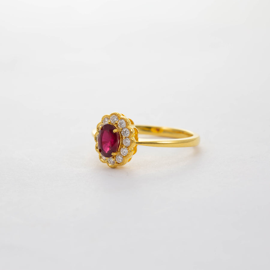 18CT YG RUBY & DIAMOND CLUSTER RING