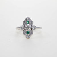 PLATINUM DECO STYLE EMERALD & DIAMOND CLUSTER RING