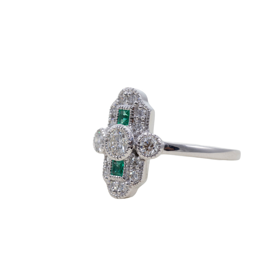 PLATINUM DECO STYLE EMERALD & DIAMOND CLUSTER RING