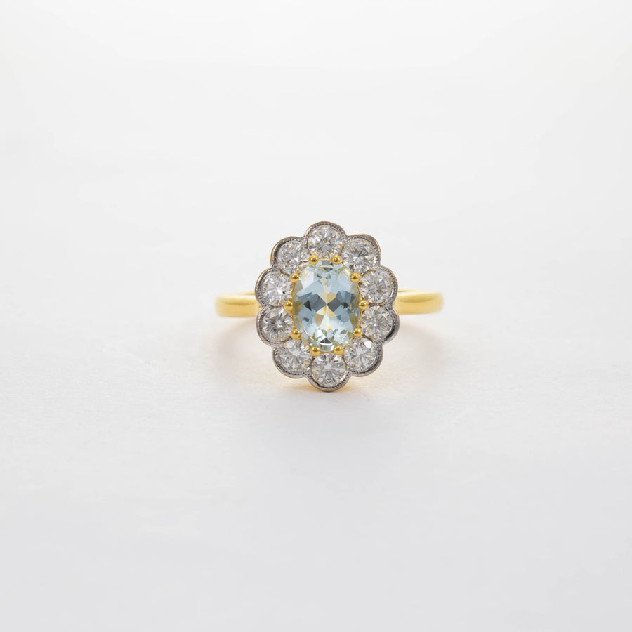 18CT YG AQUA & DIAMOND CLUSTER RING