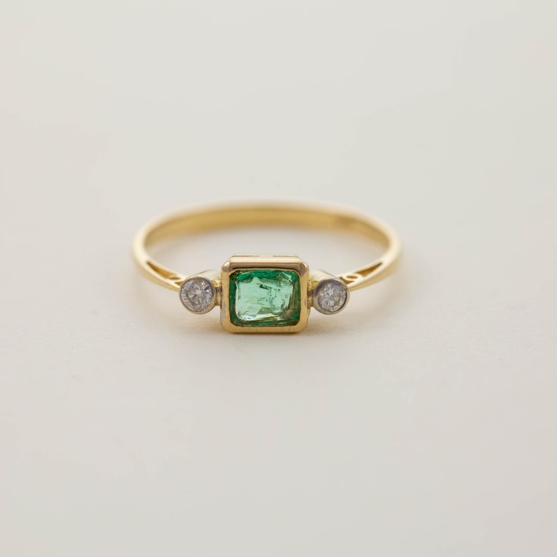 18ct YG Emerald & Diamond Three Stone Ring