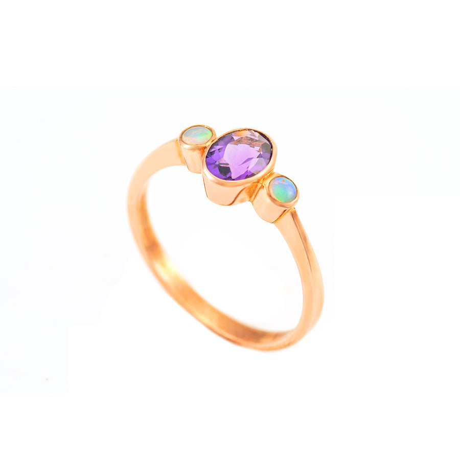 Amethyst and Solid Opal Three Stone Mixed Ring