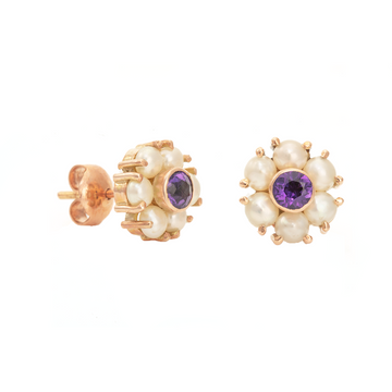 Amethyst and Pearl Circular Cluster Stud Earrings